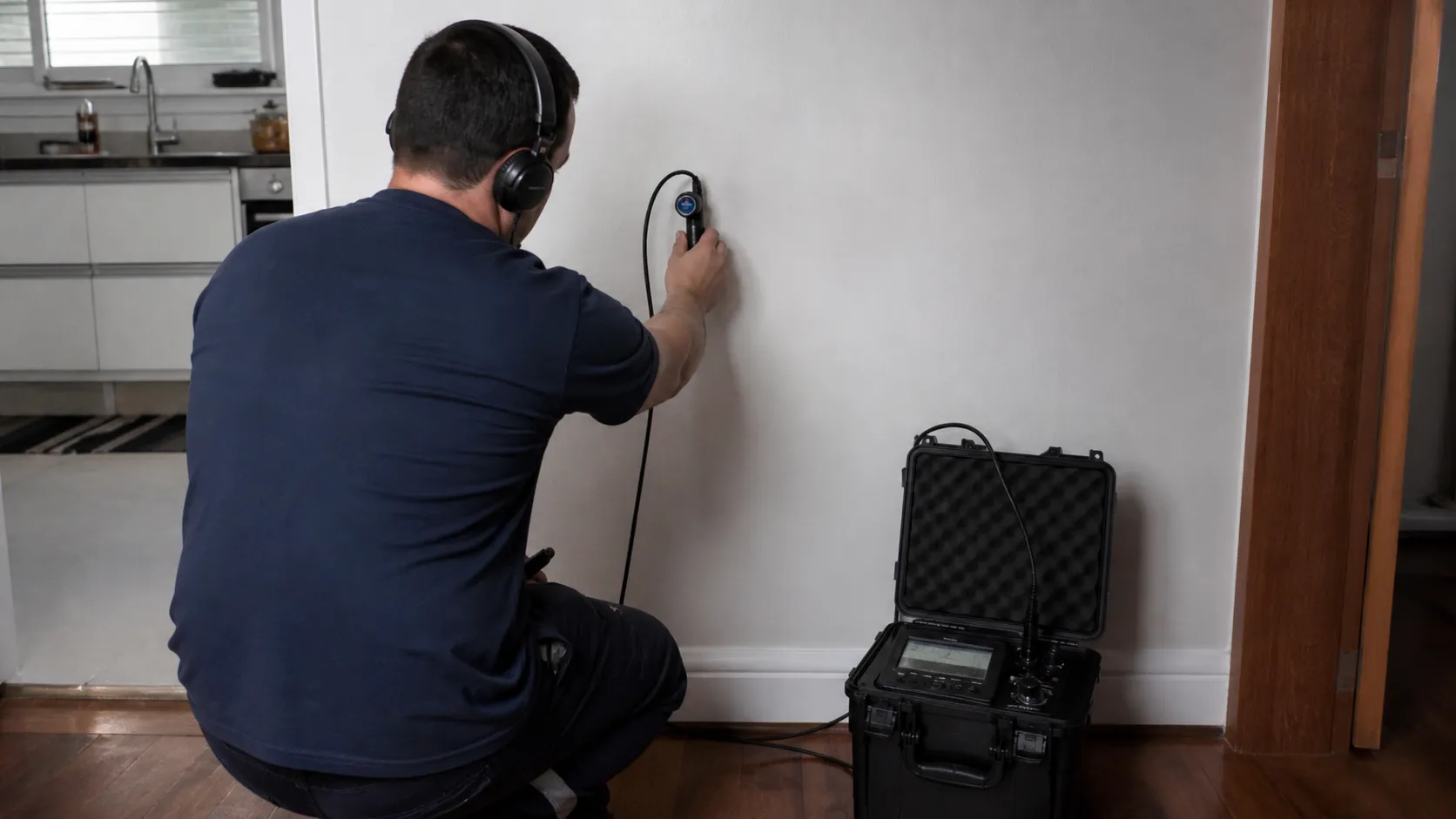 Profissional realiza avaliação técnica relacionada a caca vazamento para administradoras.