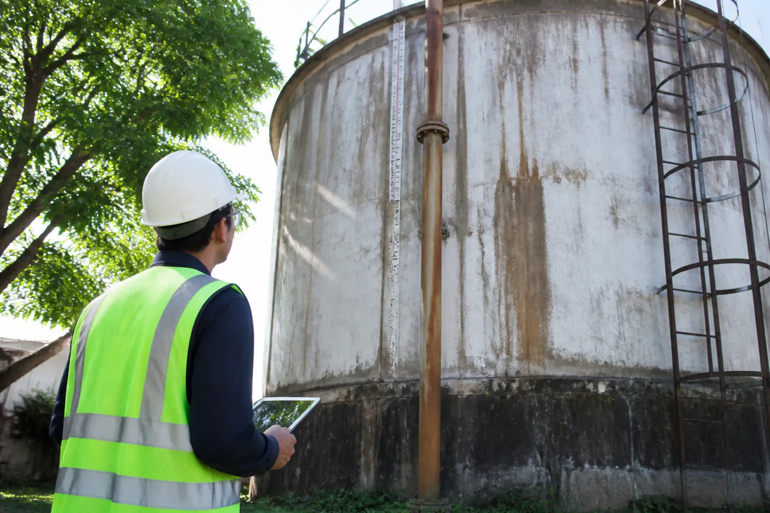 Profissional realiza avaliação técnica relacionada a caixa dagua de amianto atencao tecnica.