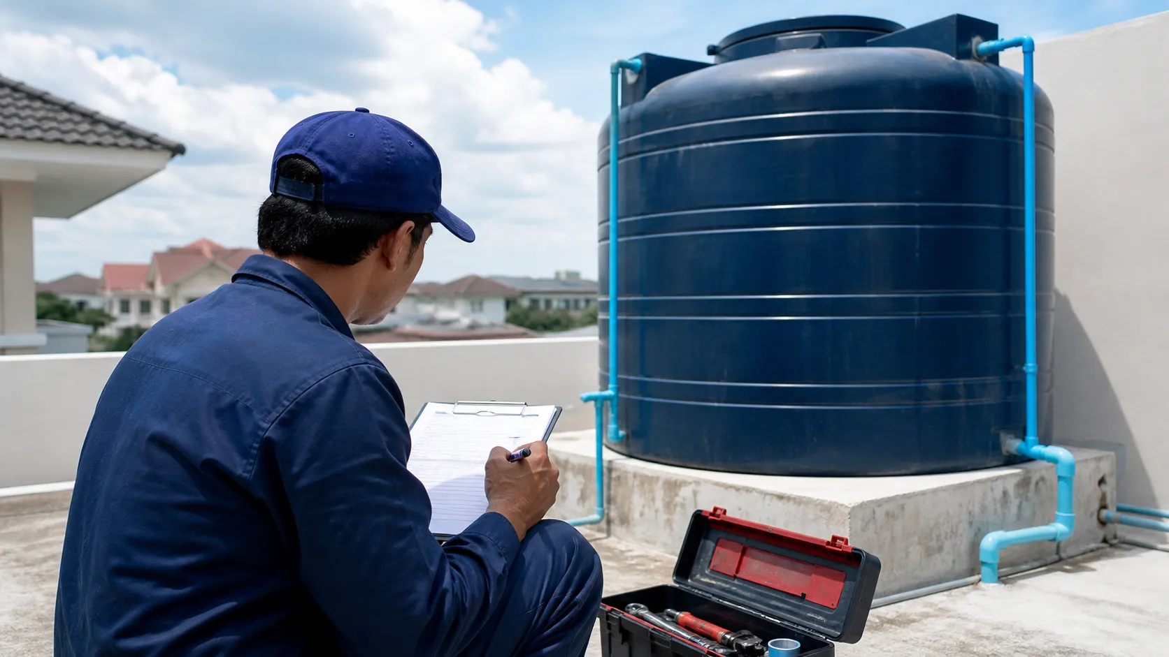 Profissional realiza avaliação técnica relacionada a caixa dagua em imovel alugado cuidados.