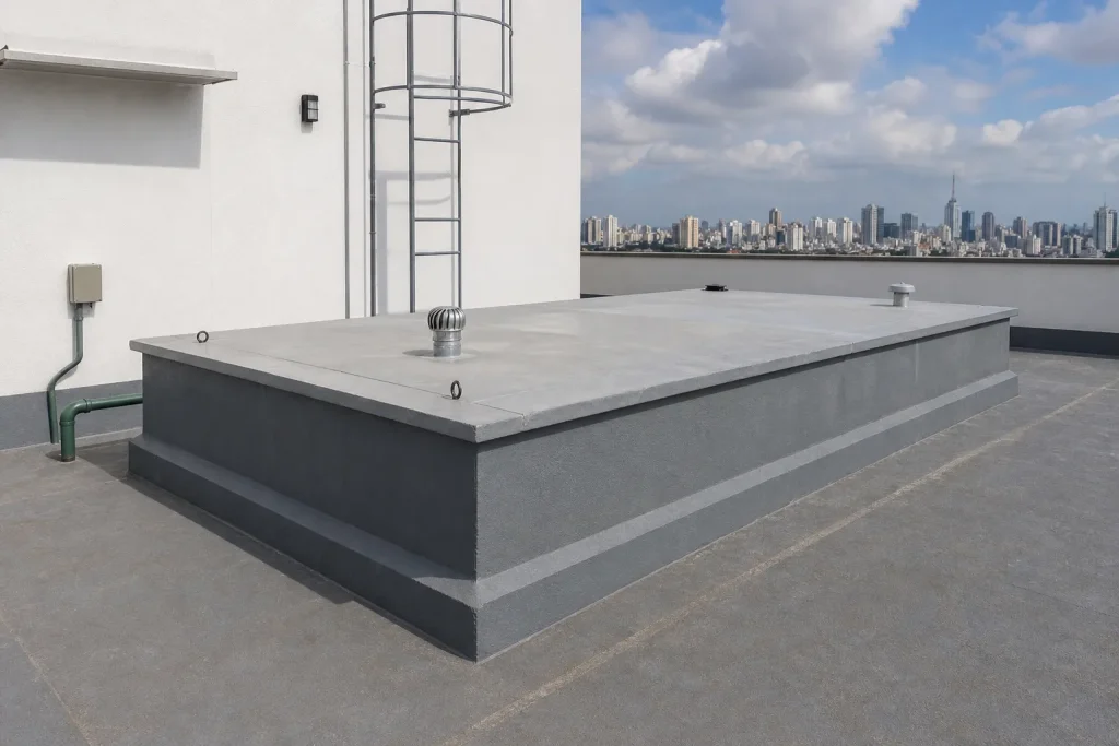 Reservatório de água instalado em cobertura técnica de condomínio.