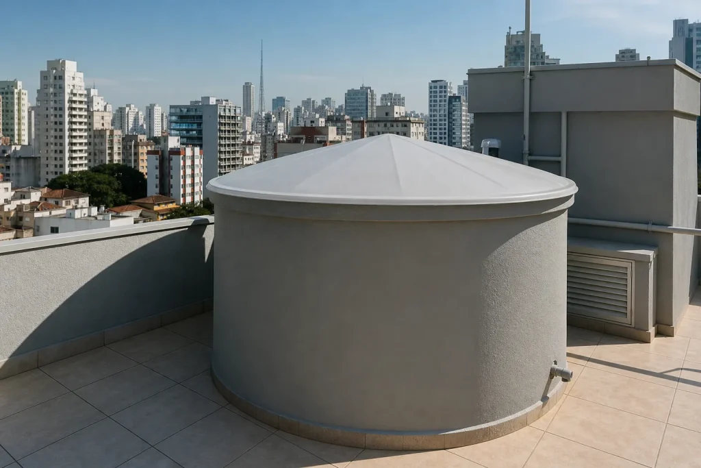 Caixa d’água em telhado sendo avaliada para limpeza preventiva