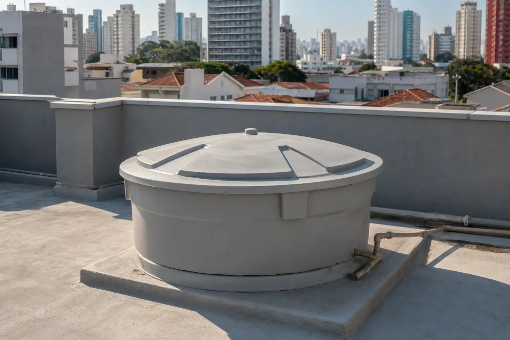 Caixa d’água em telhado sendo avaliada para limpeza preventiva