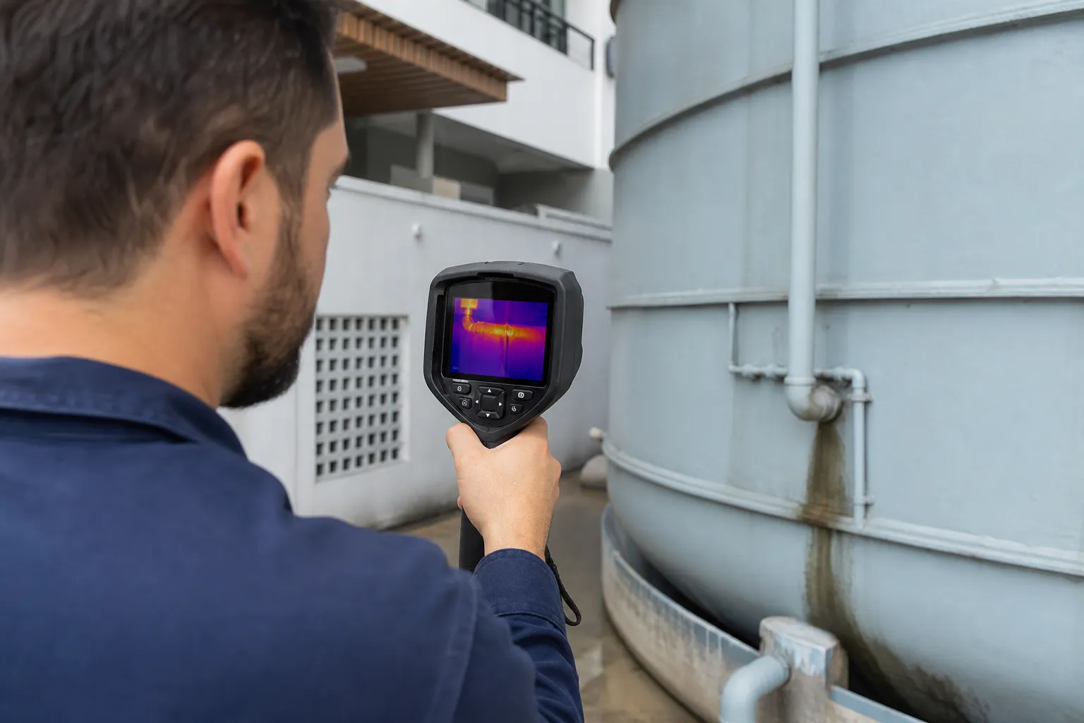 Câmera térmica analisa variação de temperatura na parede para indicar vazamento.