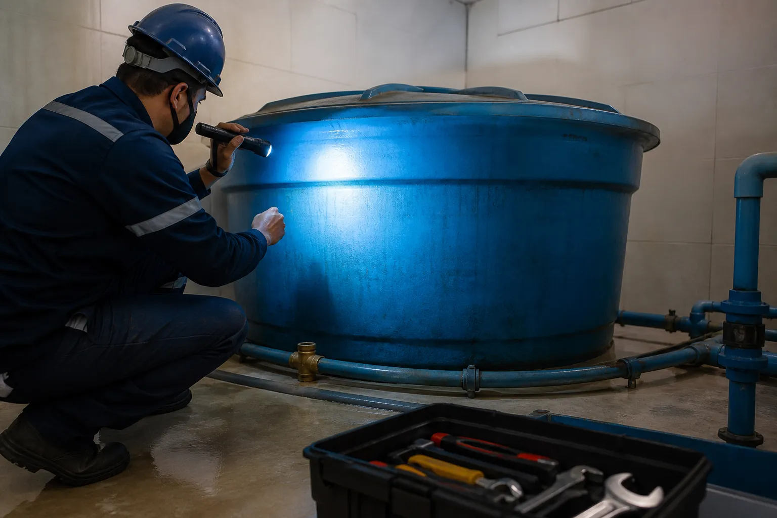 Profissional realiza avaliação técnica relacionada a checklist tecnico da caixa dagua.