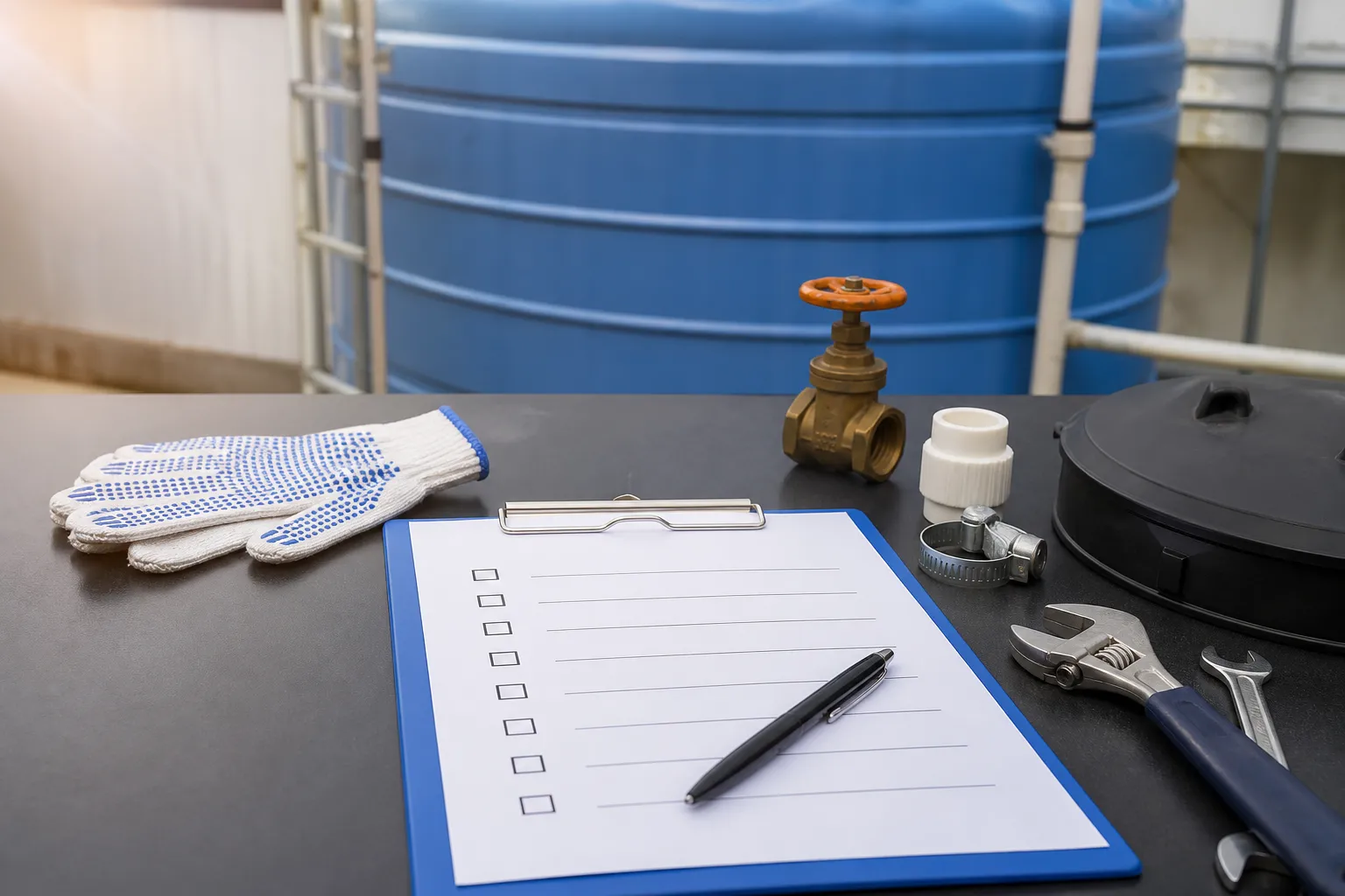 Responsável confere orientações após avaliação relacionada a checklist tecnico da caixa dagua.