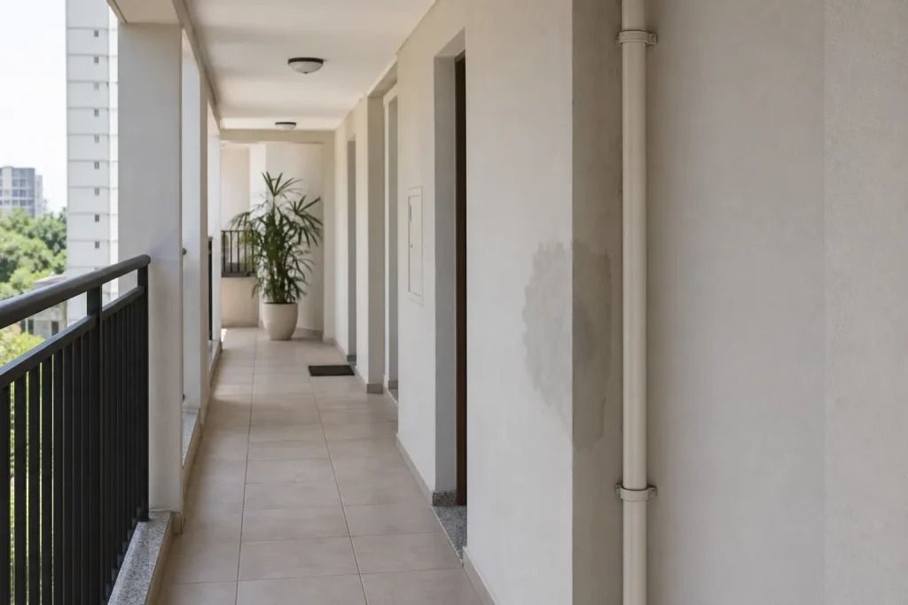 Corredor de condomínio apresenta sinal discreto de umidade em parede.
