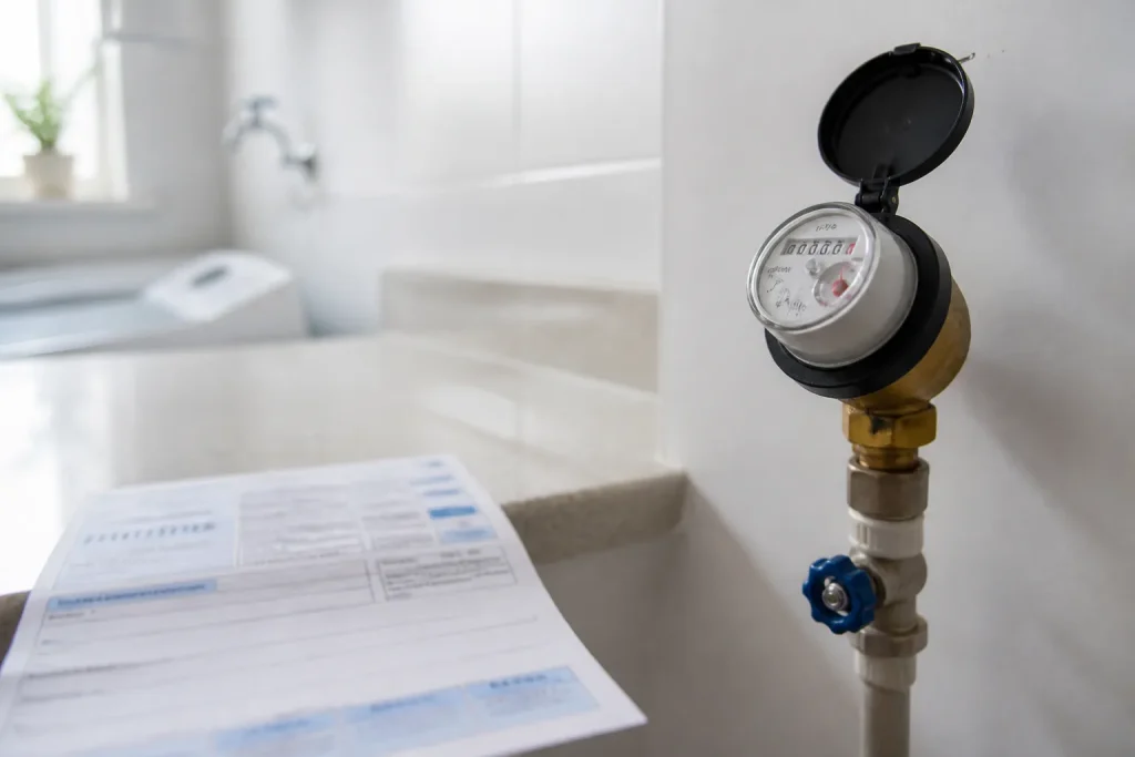 Hidrômetro residencial aparece em destaque durante conferência de consumo de água.