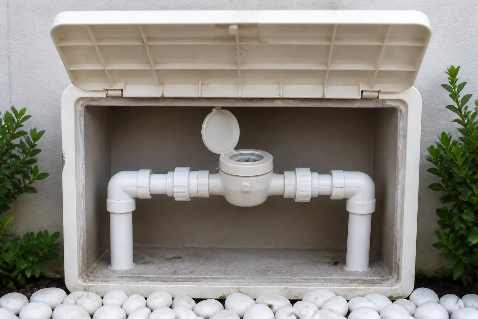Hidrômetro residencial com conexões de PVC em área externa limpa.