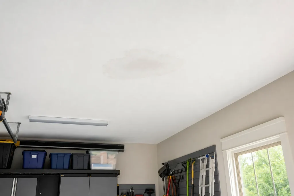 Teto de garagem residencial apresenta marca discreta de umidade.