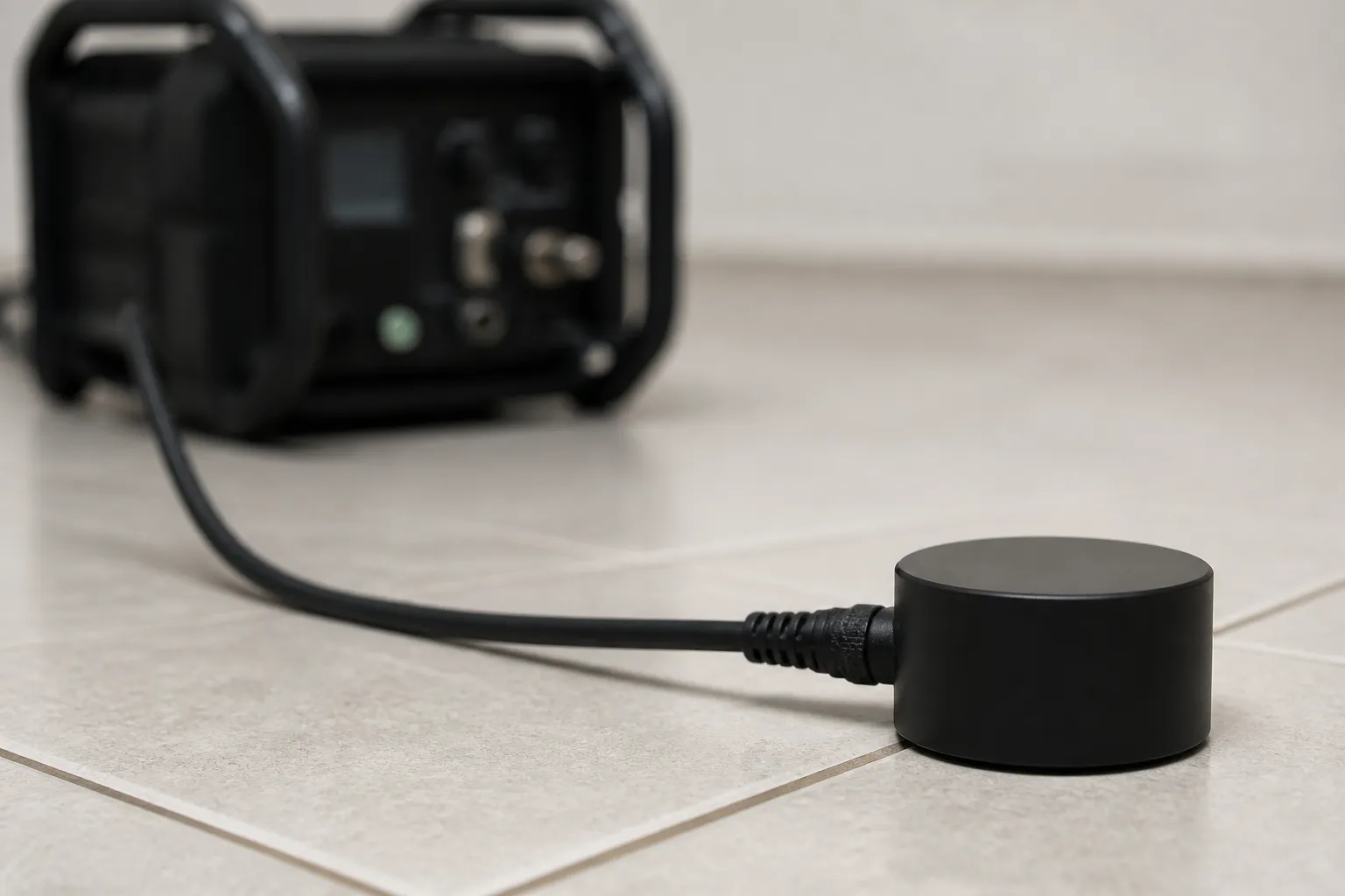 Sensor de contato do geofone apoiado no piso residencial.