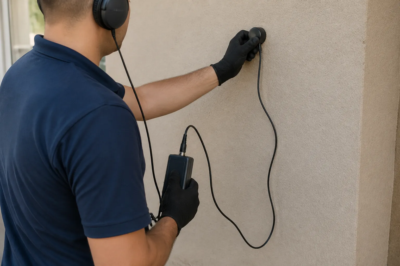 Técnico usa geofone conectado durante investigação em parede residencial.