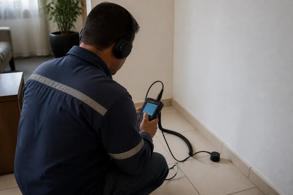 Técnico usa geofone com fones, cabo, unidade portátil e sensor no piso.