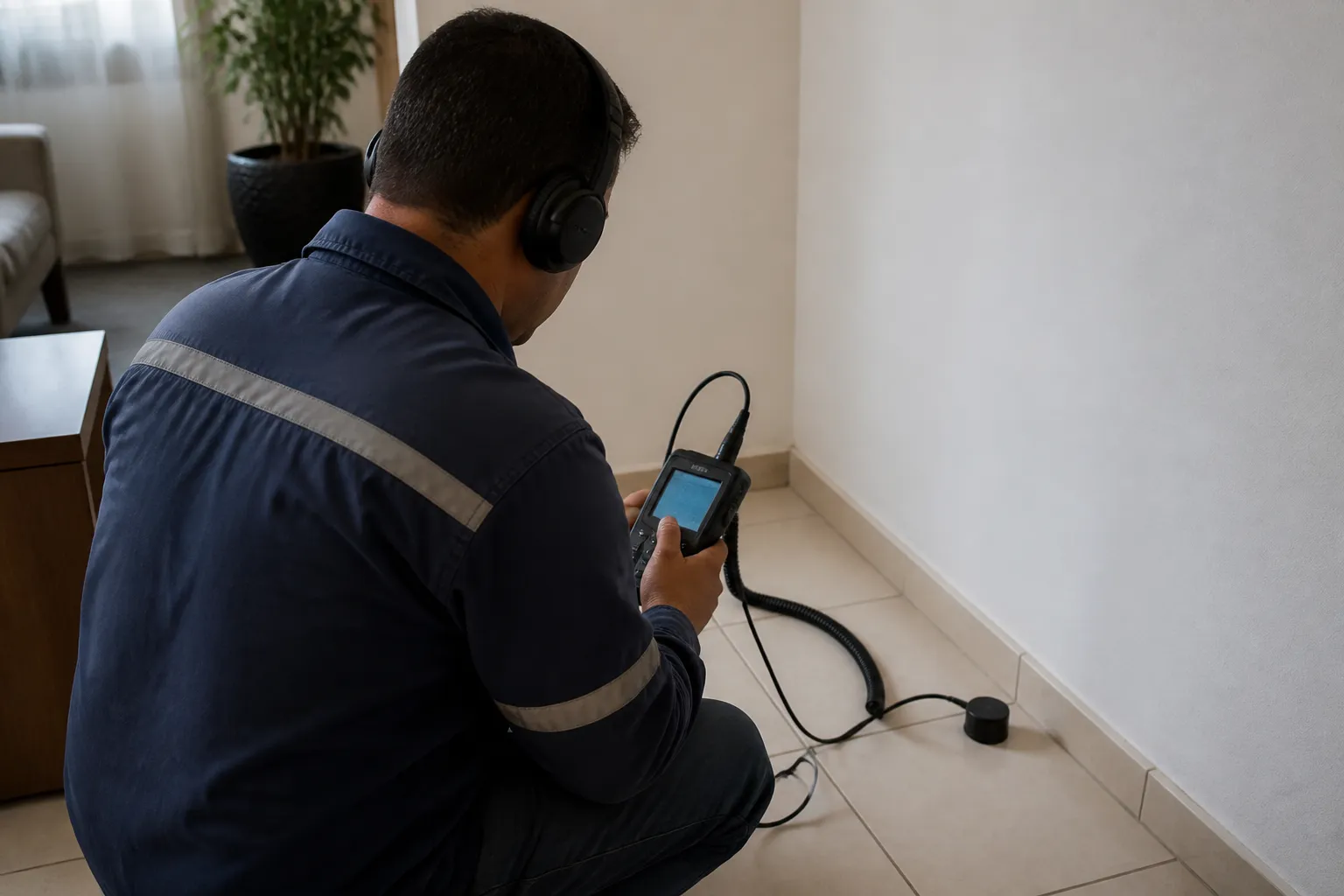 Técnico usa geofone com fones, cabo, unidade portátil e sensor no piso.