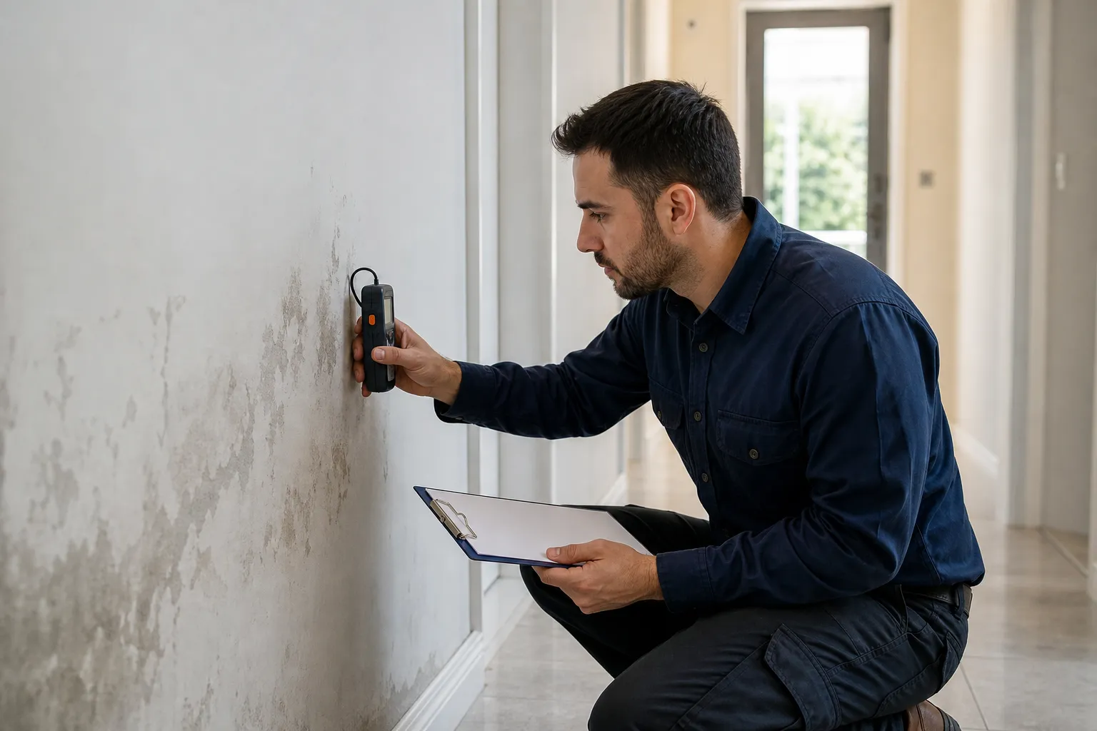 Técnico inspecionando o rodapé e a parede com equipamento de medição em corredor residencial.