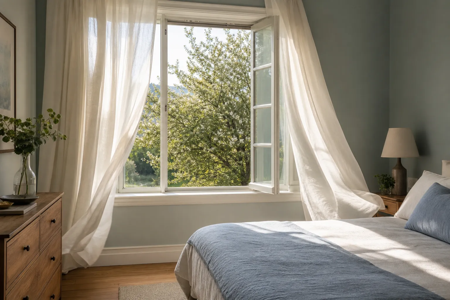 Quarto ventilado com janela aberta para reduzir umidade interna.