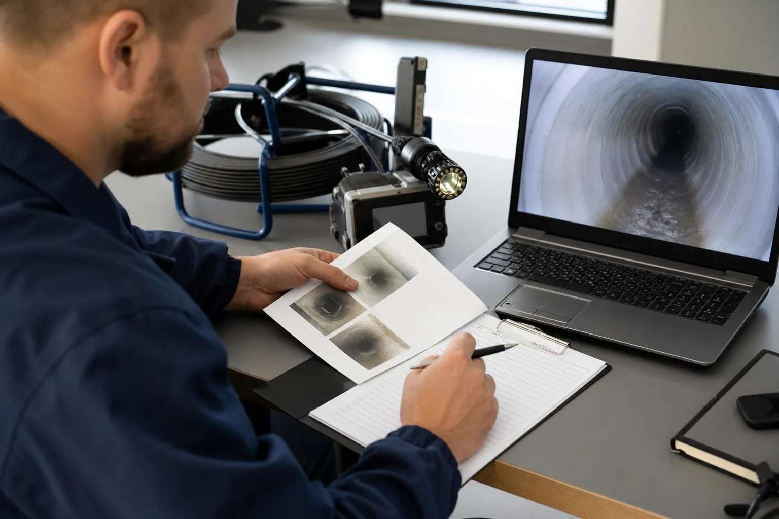 Técnico elaborando laudo técnico com imagens de vídeo inspeção de esgoto.