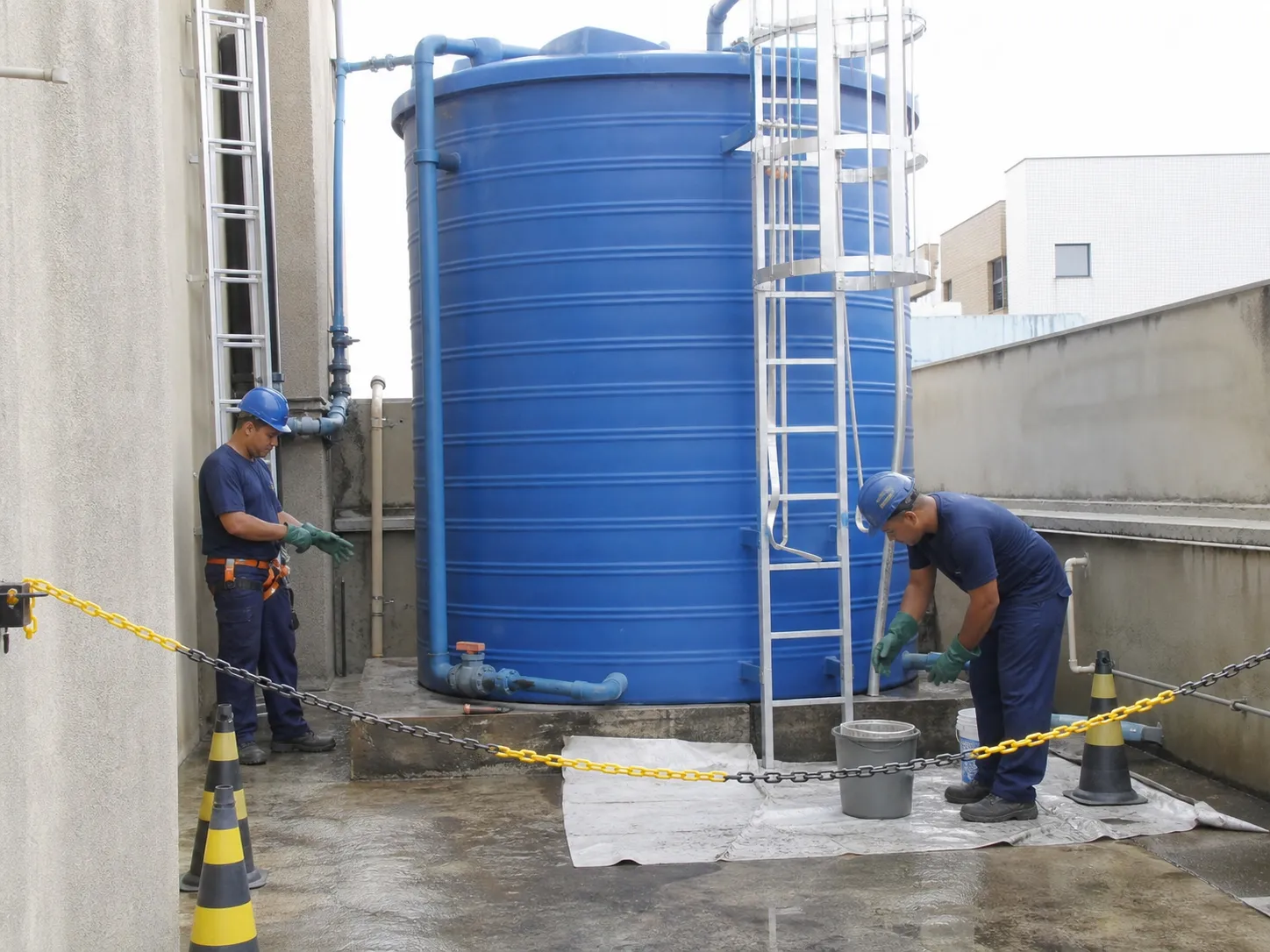 Profissional realiza avaliação técnica relacionada a limpeza de caixa dagua para empresas.