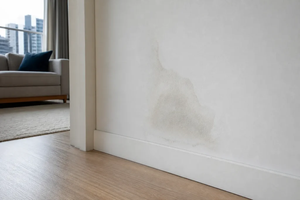 Mancha de umidade localizada em parede de apartamento residencial.