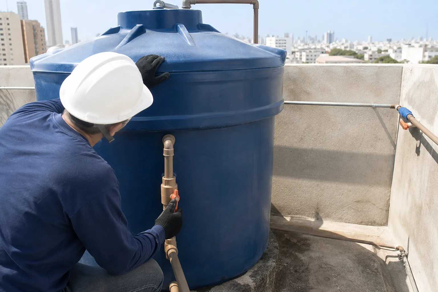 Profissional realiza avaliação técnica relacionada a manutencao de caixa dagua em condominio.