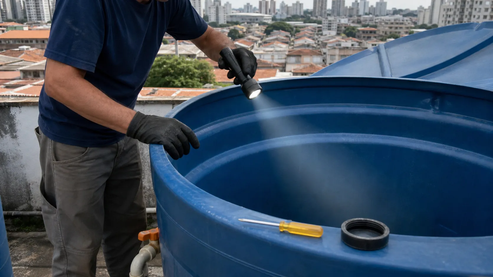 Profissional realiza avaliação técnica relacionada a manutencao de reservatorio em sao paulo.