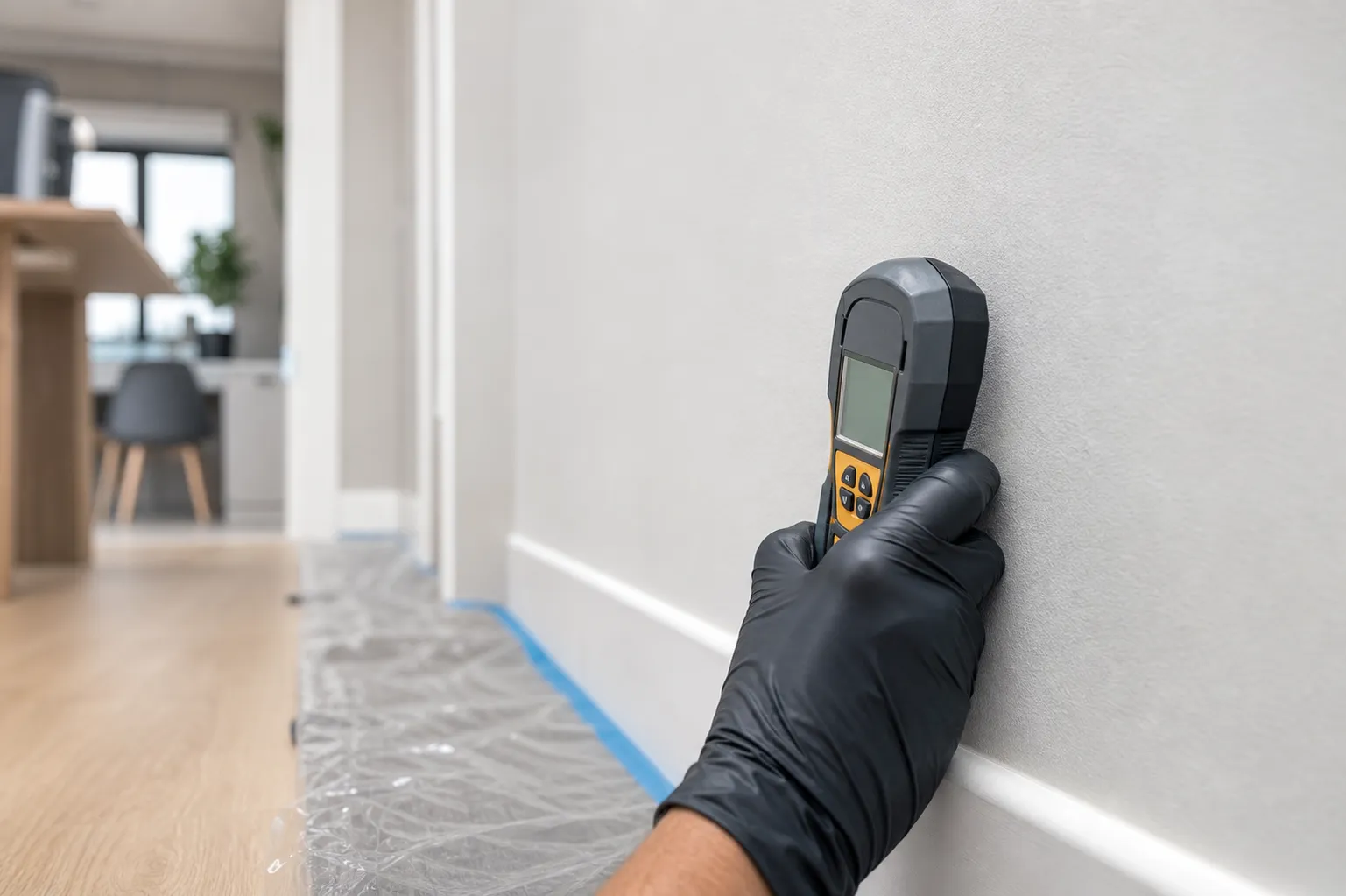 Medidor de umidade verifica parede residencial com suspeita de água oculta.