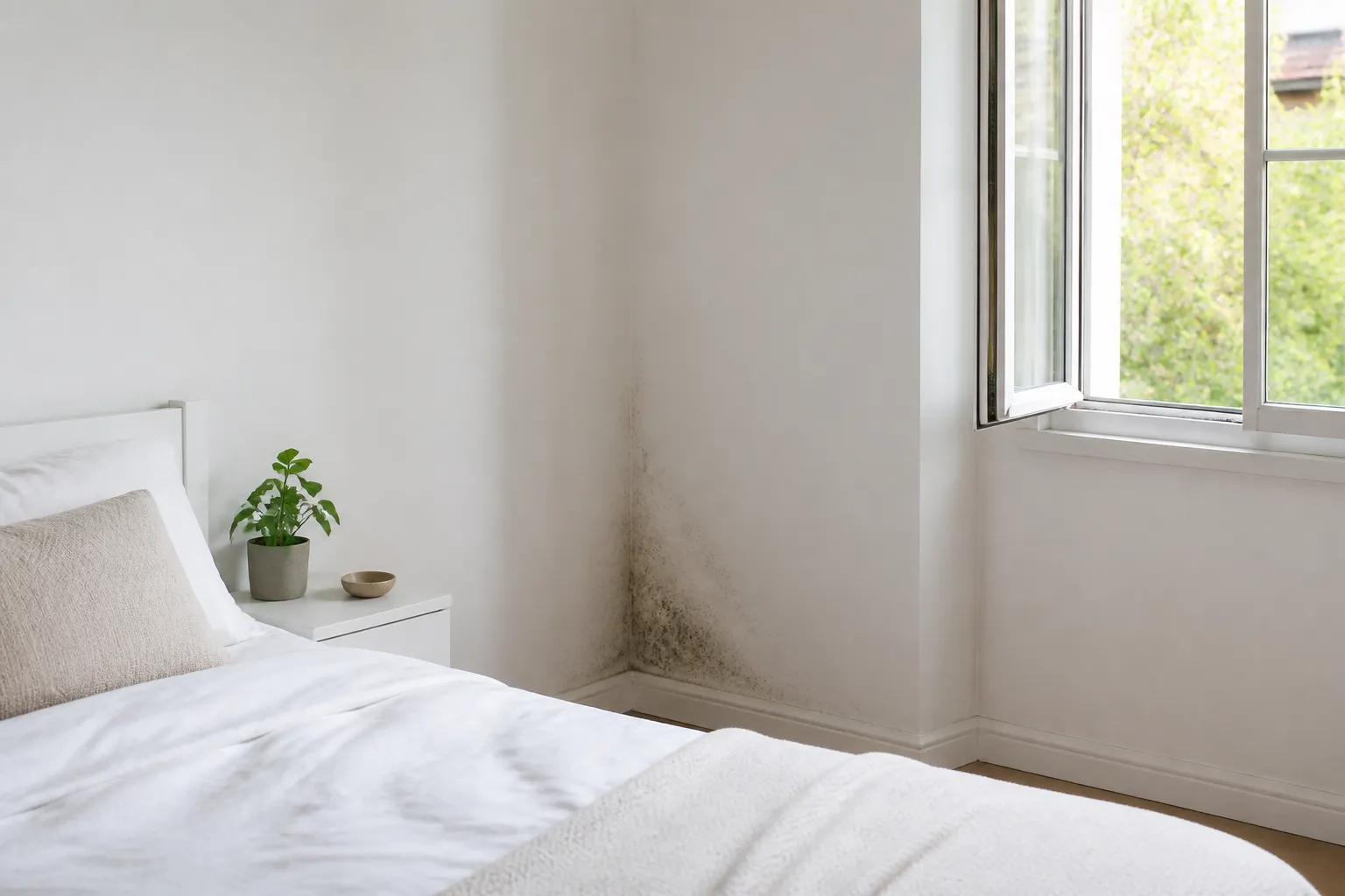 Pequena área de mofo em canto de parede residencial ventilada.