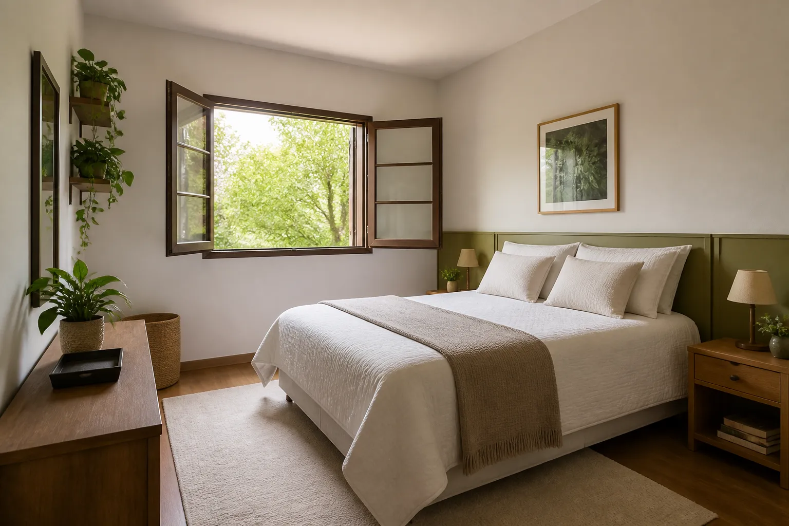 Quarto ventilado recebe luz natural perto de parede seca.