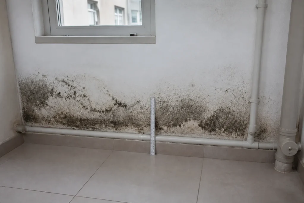 Pequena mancha de umidade em parede residencial com sinais de evolução.