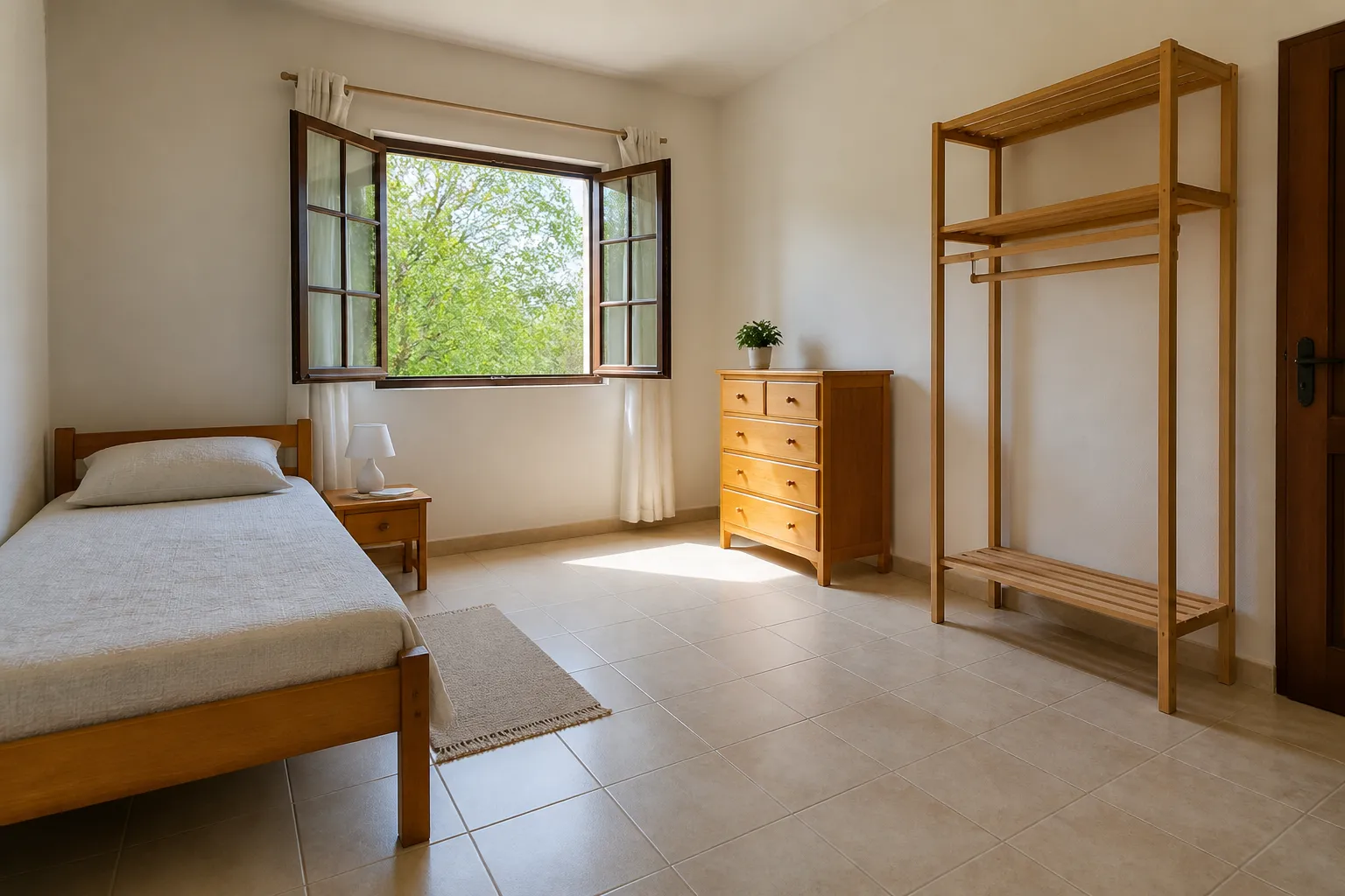 Quarto ventilado com parede seca e móveis afastados para prevenir mofo.