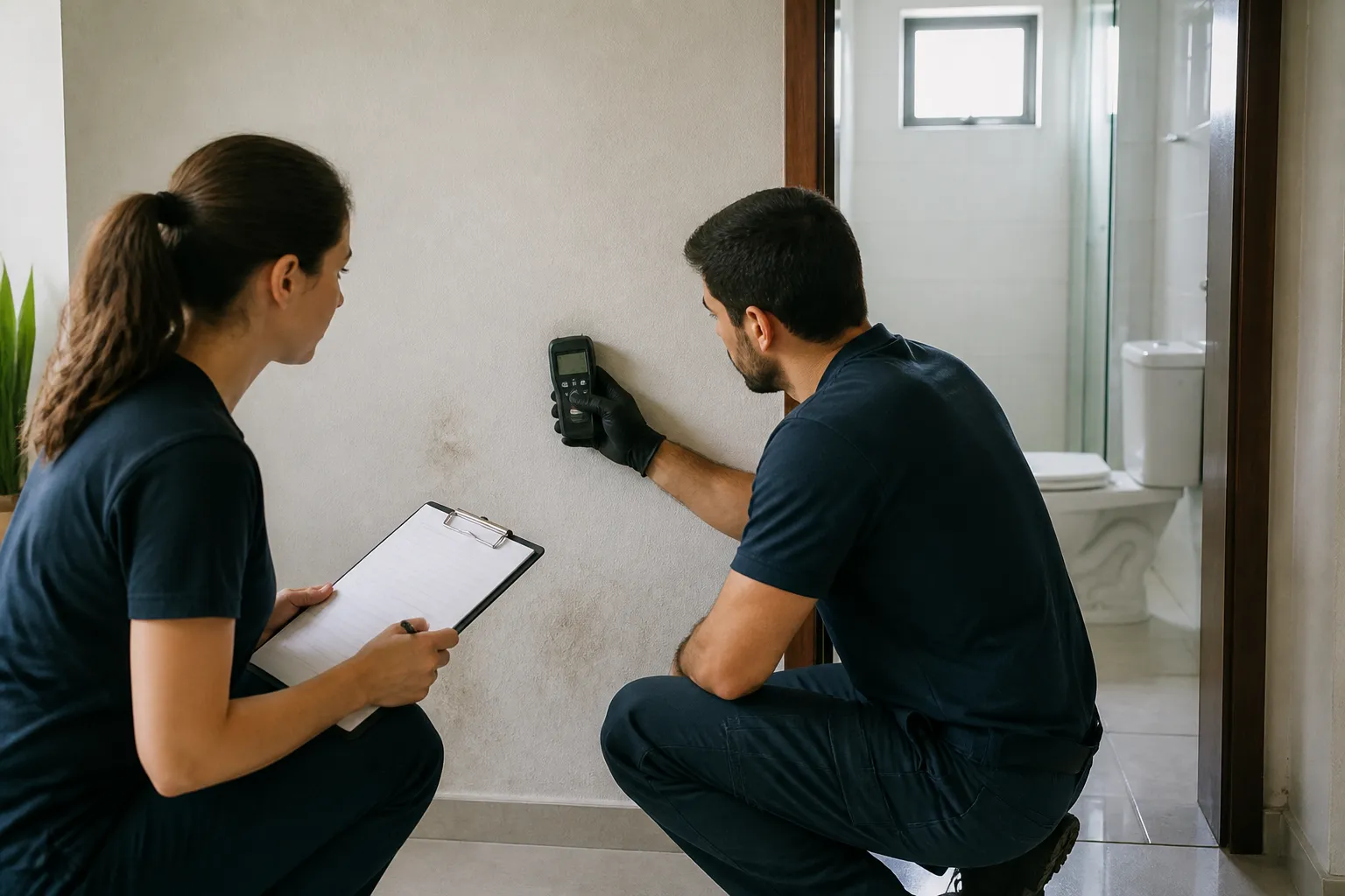 Profissional avaliando umidade em parede próxima ao banheiro residencial.