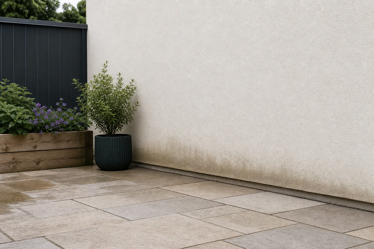 Muro de quintal apresenta marca de umidade próxima ao piso externo.