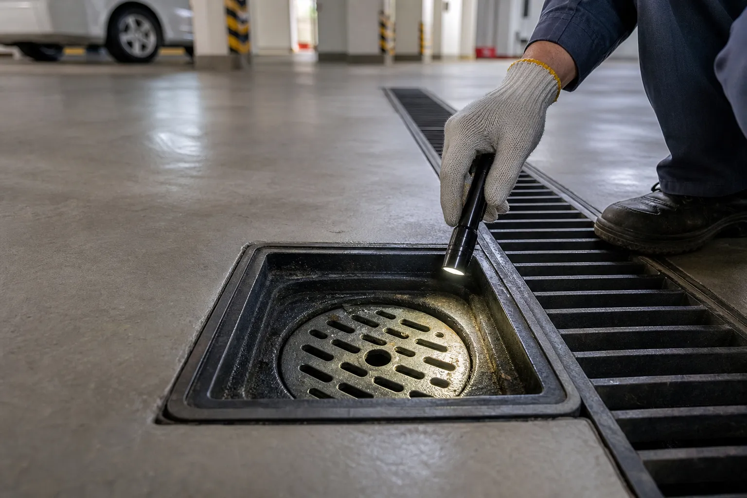 Piso de garagem com ralo de drenagem é visto em detalhe.