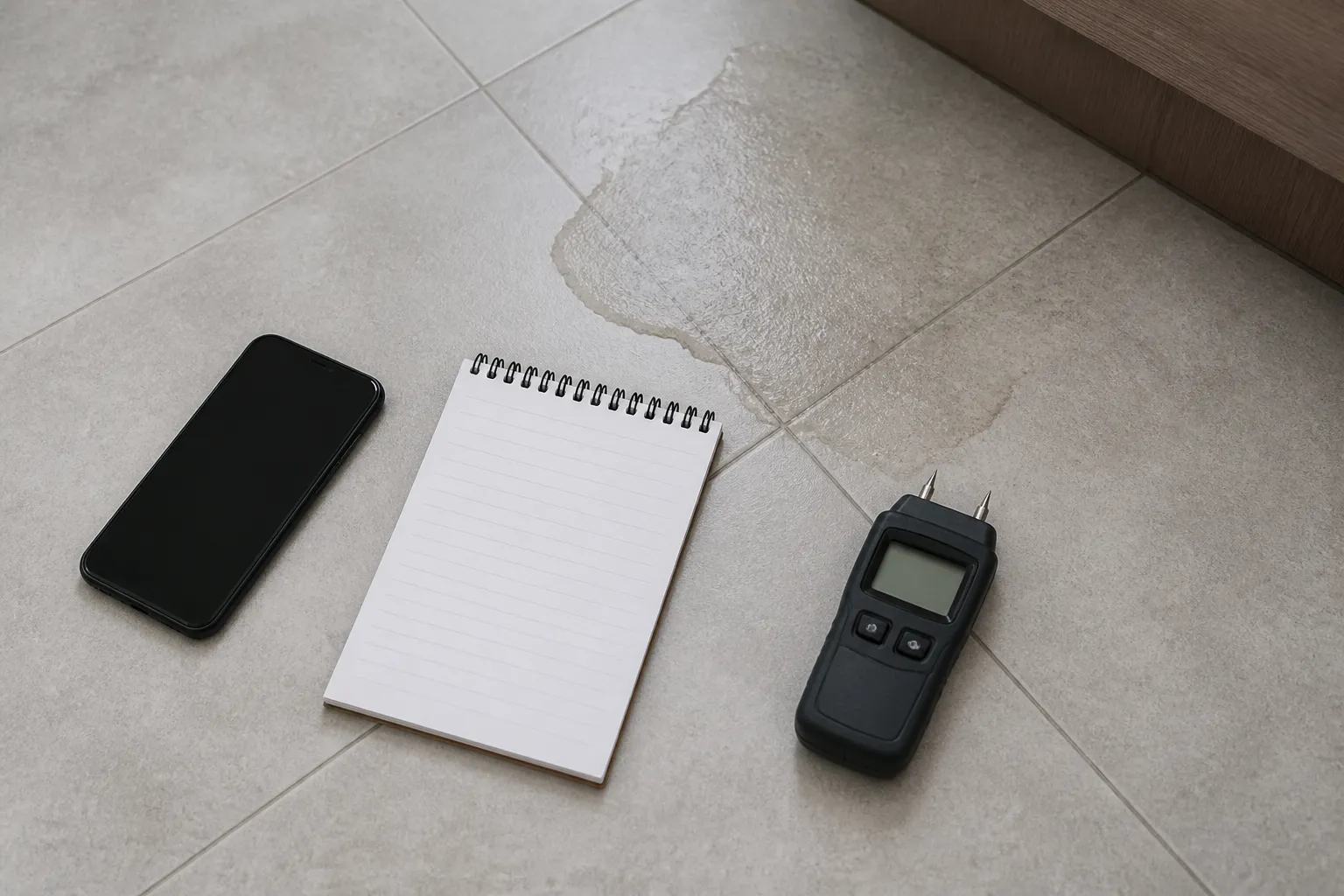 Registro de observações para piso oco e umido indicam possível vazamento.