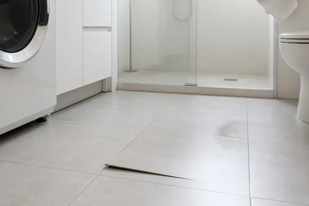 Sinal inicial relacionado a piso oco e umido indicam possível vazamento em imóvel residencial.