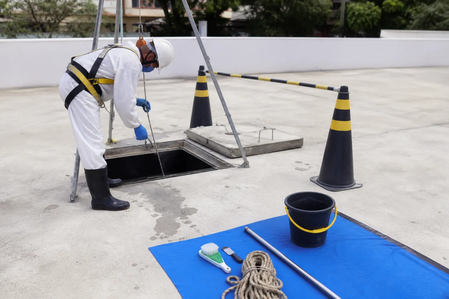 Profissional prepara o local antes da limpeza de um reservatório.