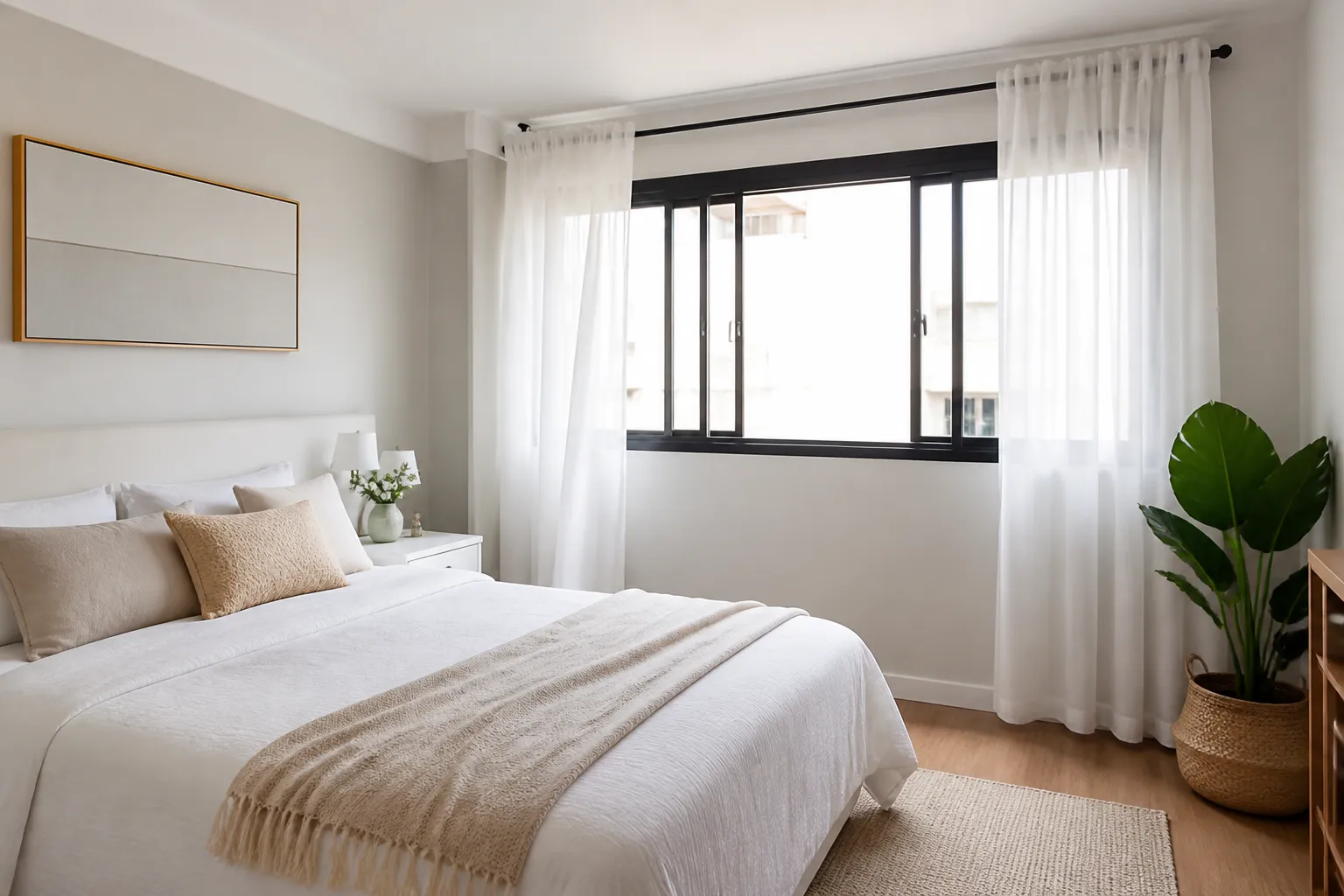 Quarto organizado recebe ventilação natural pela janela aberta.