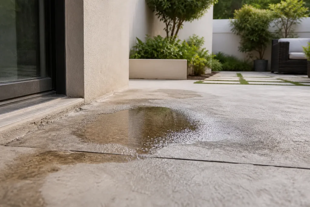 Quintal residencial apresenta pequena poça de umidade persistente no piso.