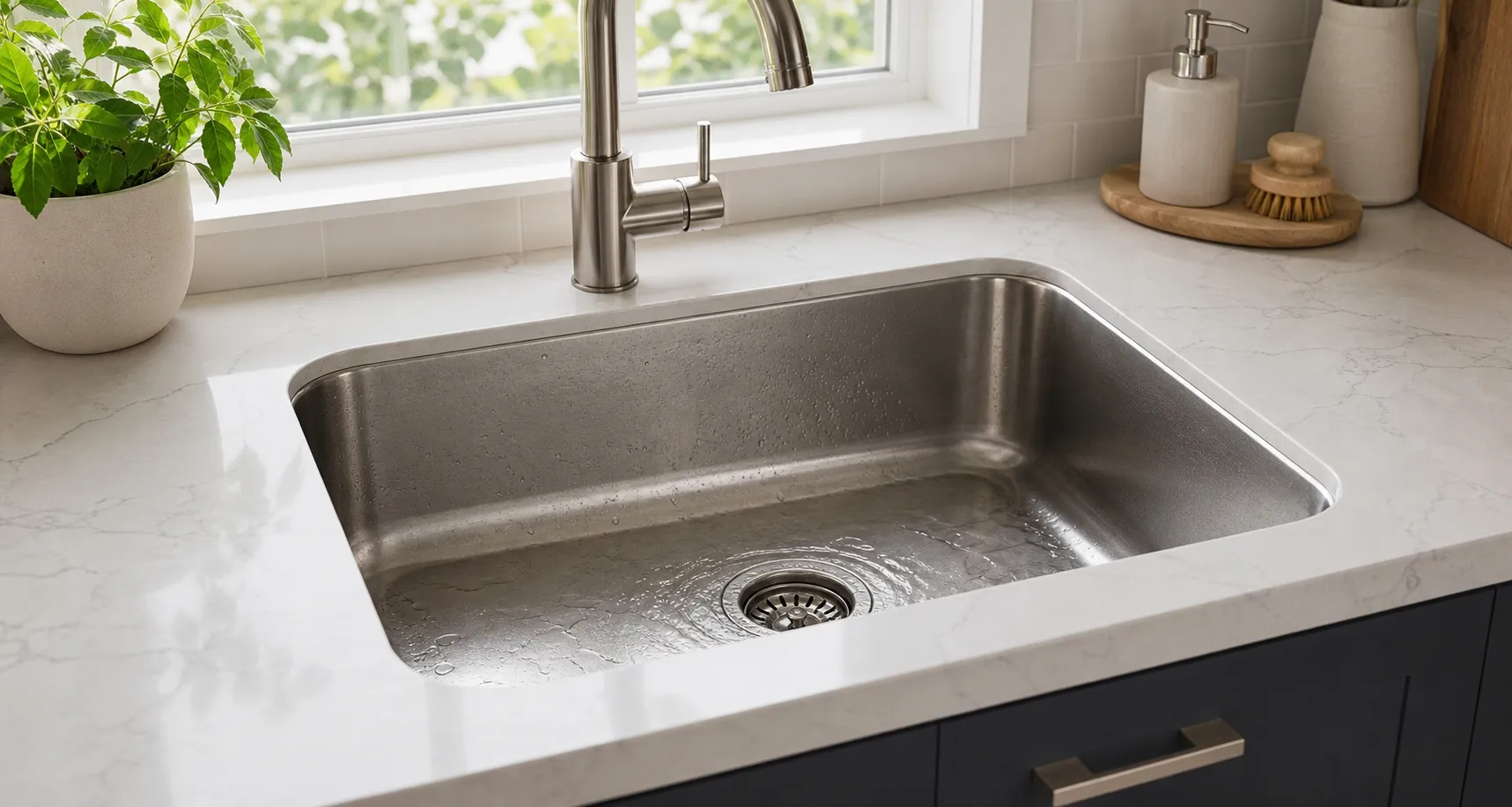 Ralo de cozinha com escoamento lento em pia residencial.