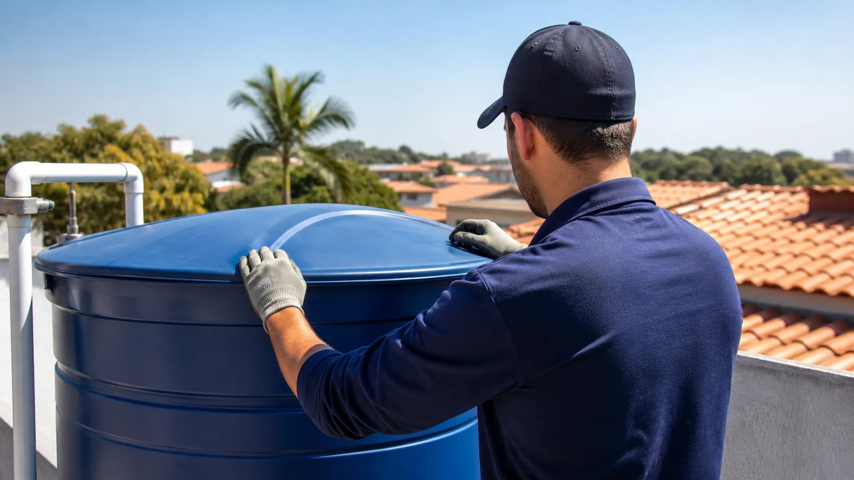 Profissional realiza avaliação técnica relacionada a tampa da caixa dagua riscos de falha.