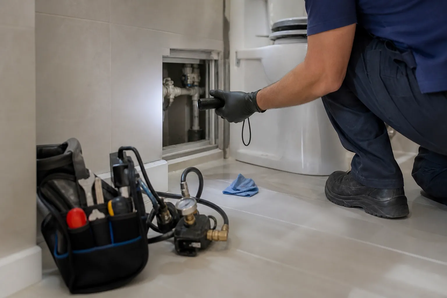 Profissional avalia ponto hidráulico durante vistoria residencial.