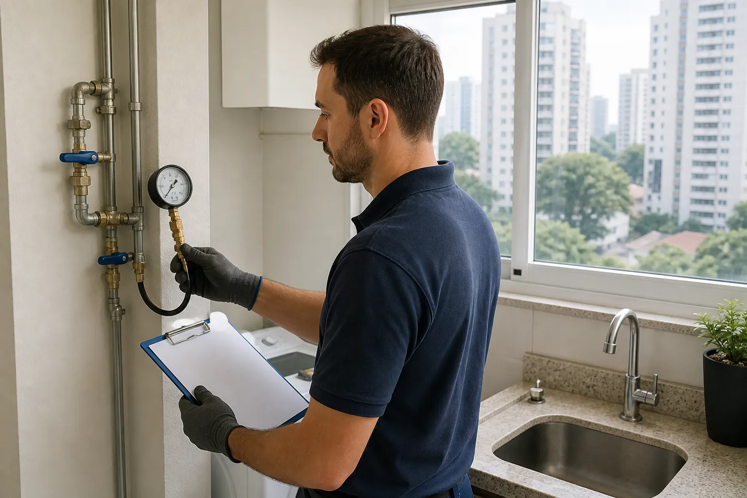 Técnico avalia consumo anormal com instrumentos em imóvel residencial de São Paulo.