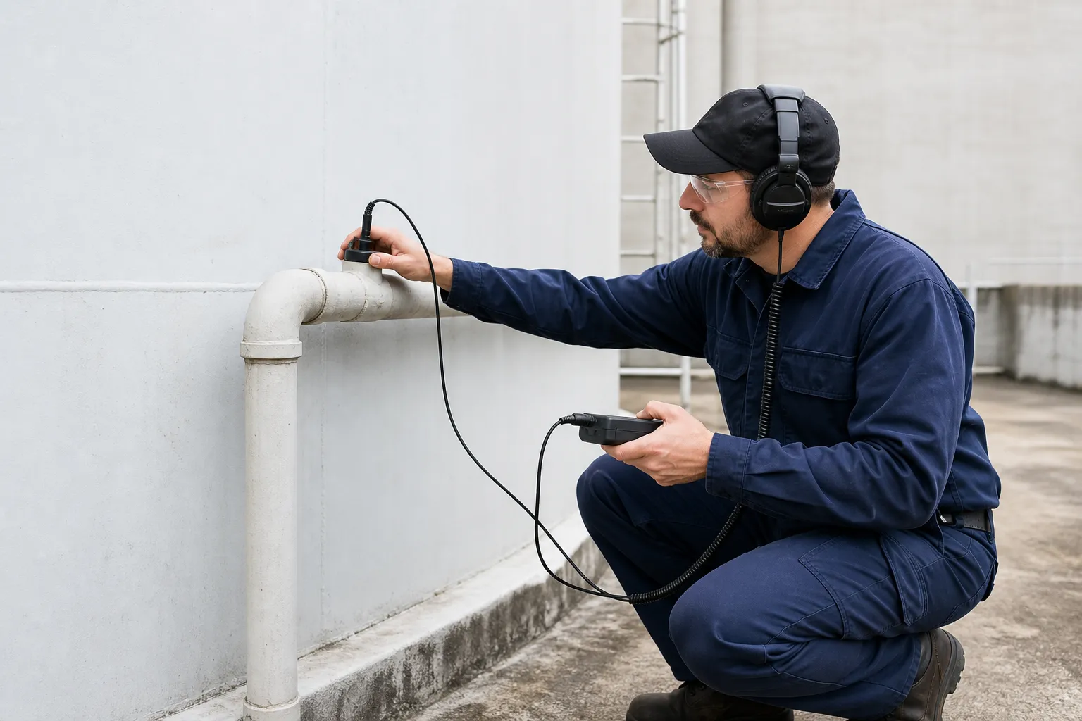 Técnico usa geofone na parede do banheiro para localizar vazamento oculto sem quebrar.
