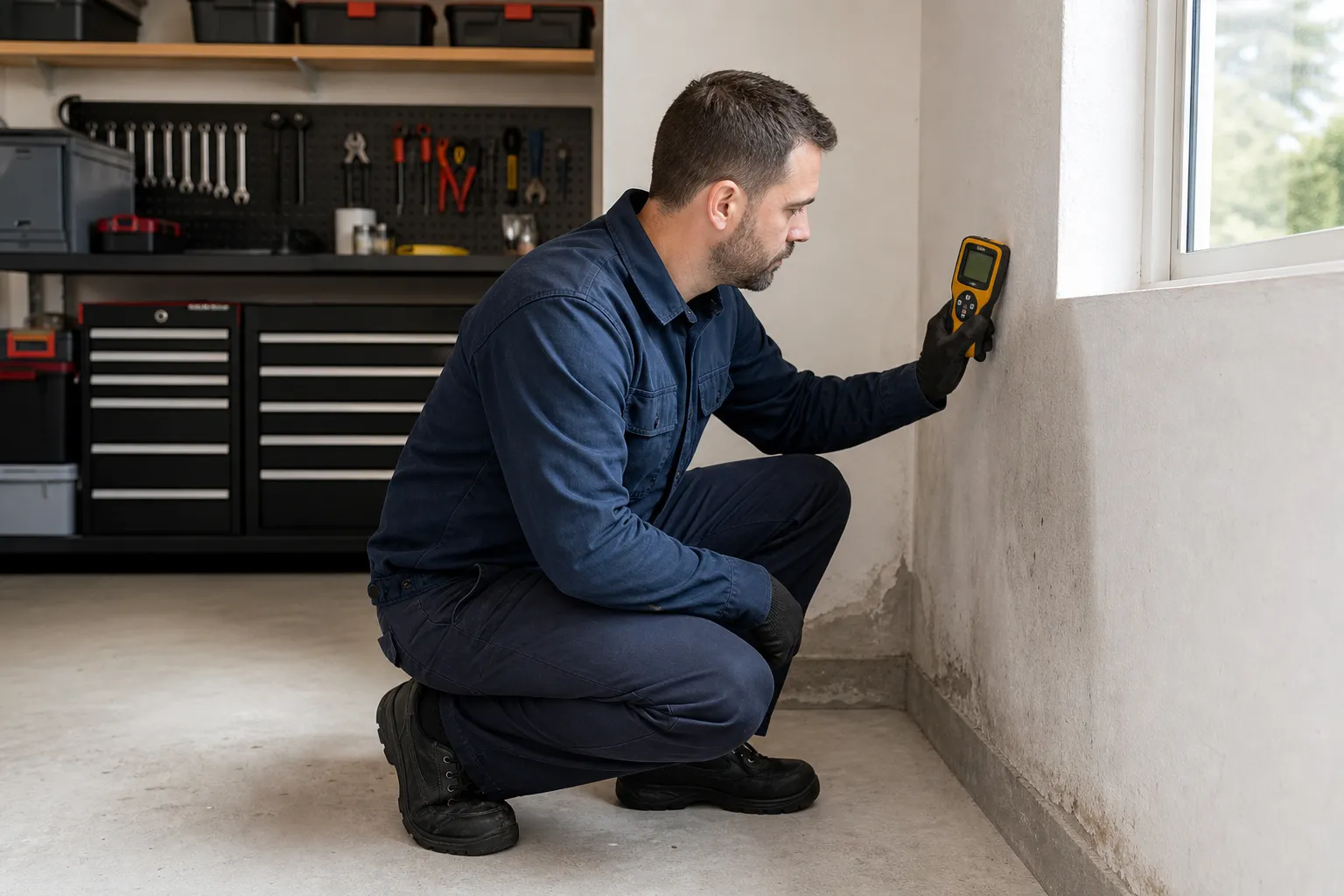 Profissional mede umidade em parede de garagem residencial.