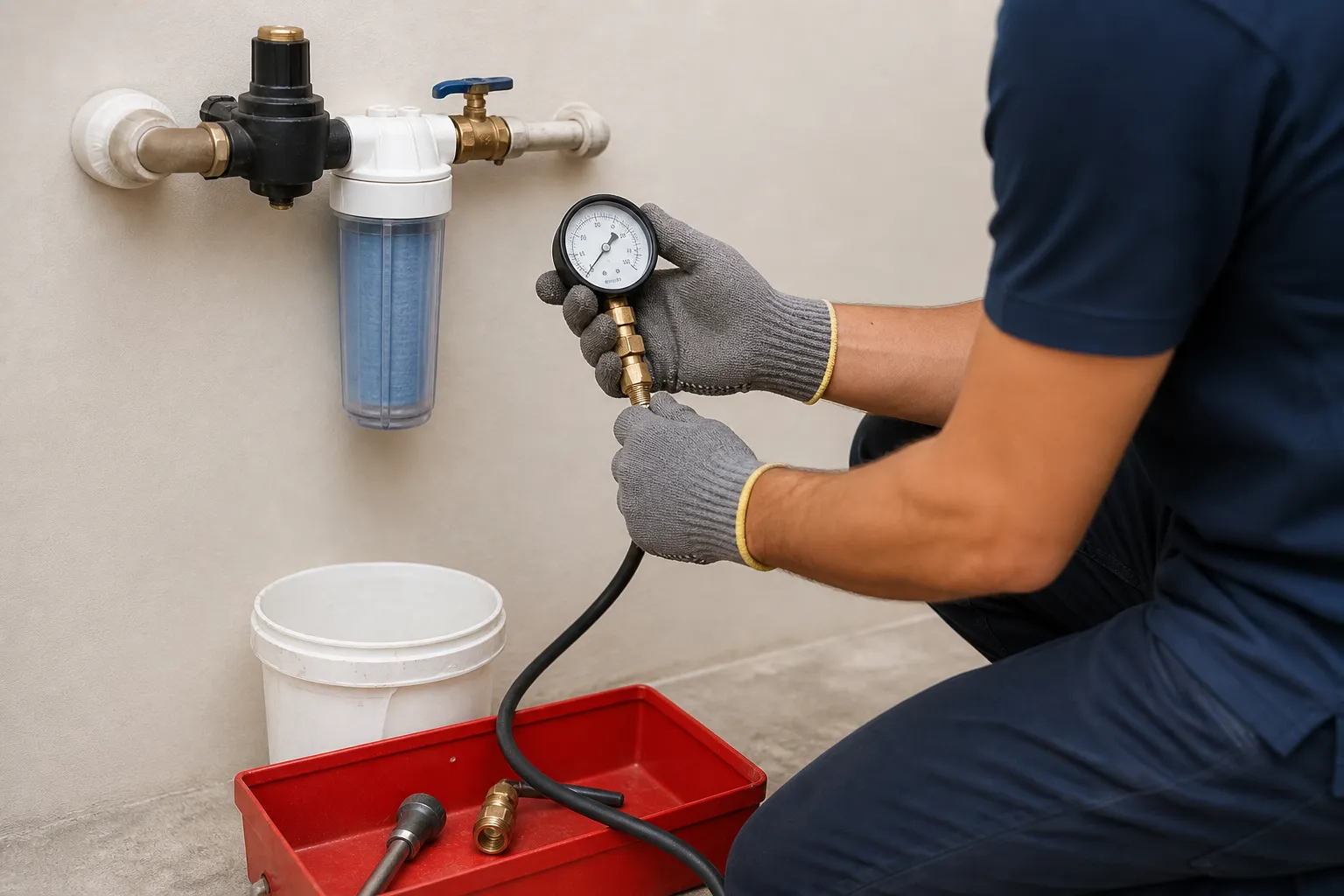 Profissional prepara um teste em rede hidráulica residencial.