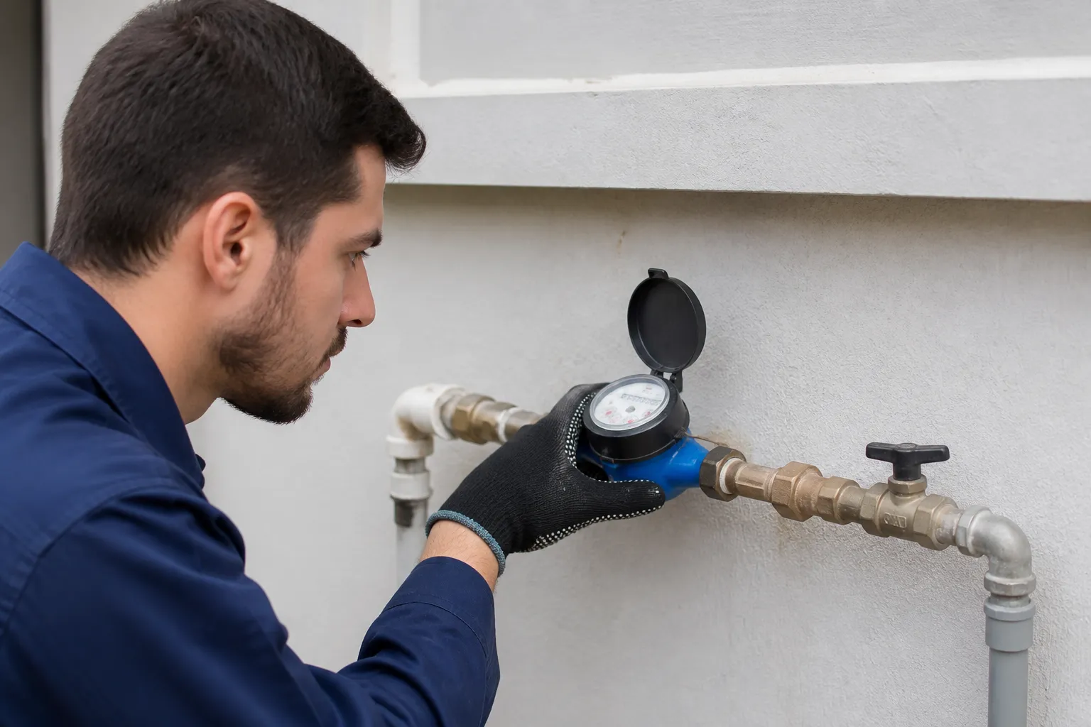 Técnico especializado examina hidrômetro instalado em parede residencial para identificar possíveis anomalias no consumo de água.