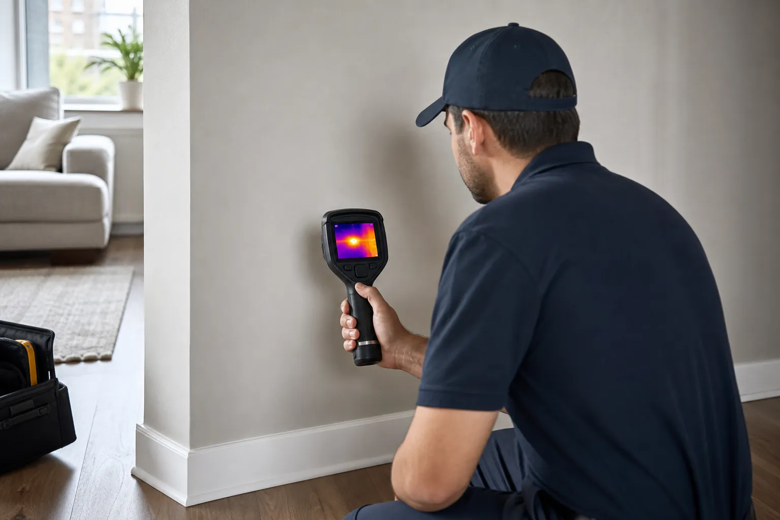 Profissional usa câmera térmica para comparar temperaturas em parede residencial.