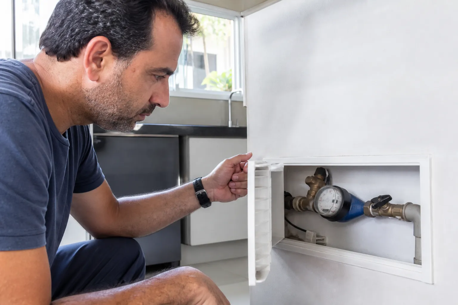 Morador realiza teste prático do hidrômetro em casa para verificar presença de vazamento oculto.