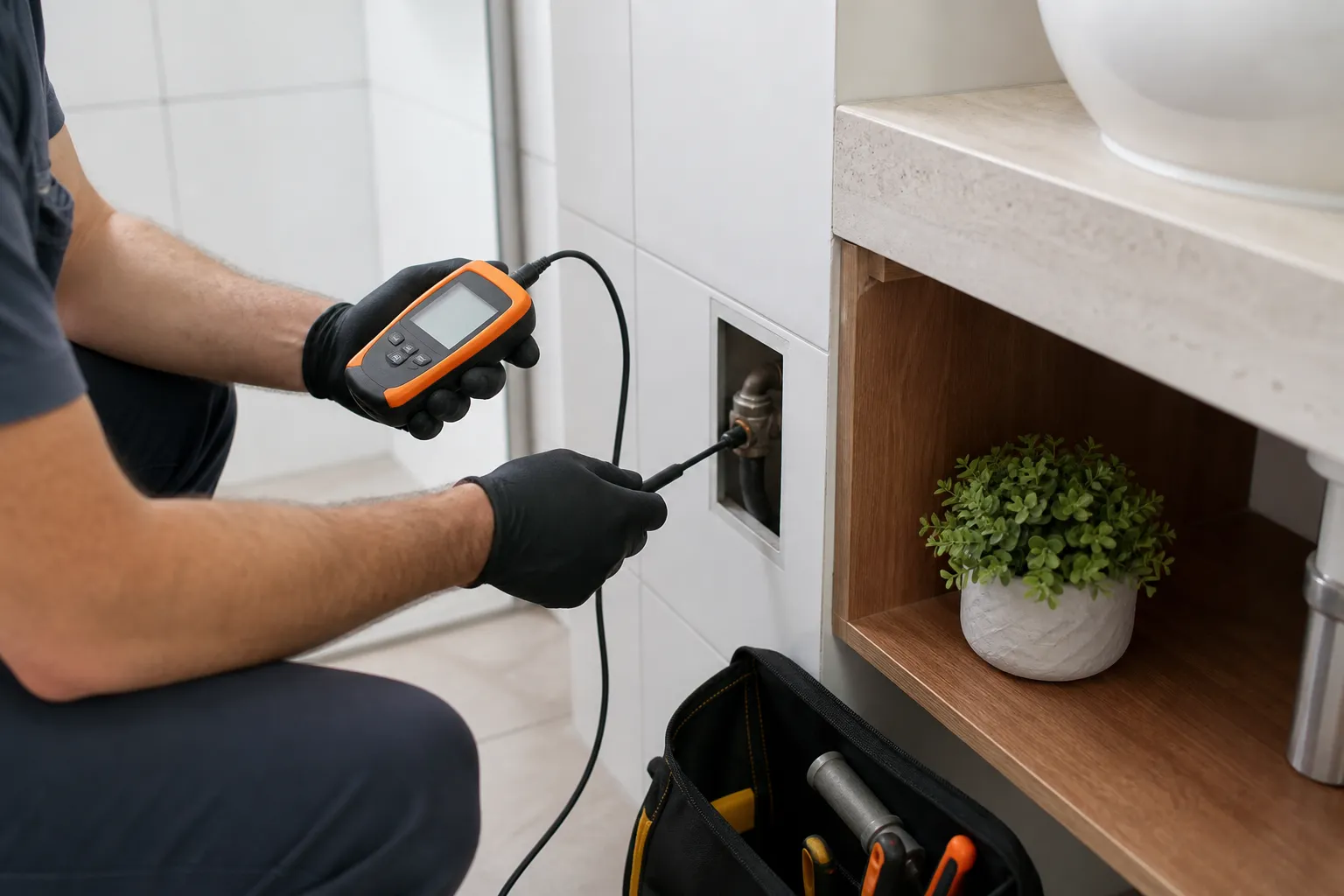 Profissional avalia registro hidráulico e parede residencial próxima.