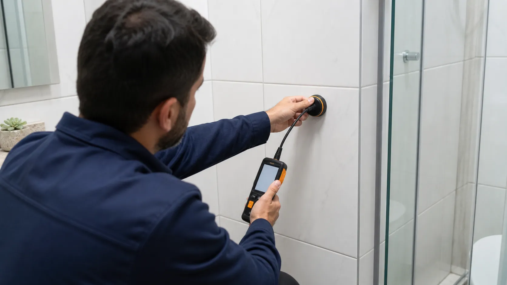 Profissional realiza avaliação técnica relacionada a vazamento atras do azulejo como suspeitar.