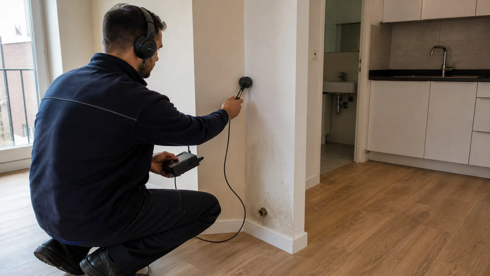Profissional realiza avaliação técnica relacionada a vazamento em apartamento laudo necessario.